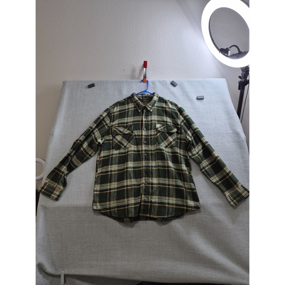 Outdoor Life Flannel Shirt Mens 2XL Green Plaid Pleated Button Down Streetwear